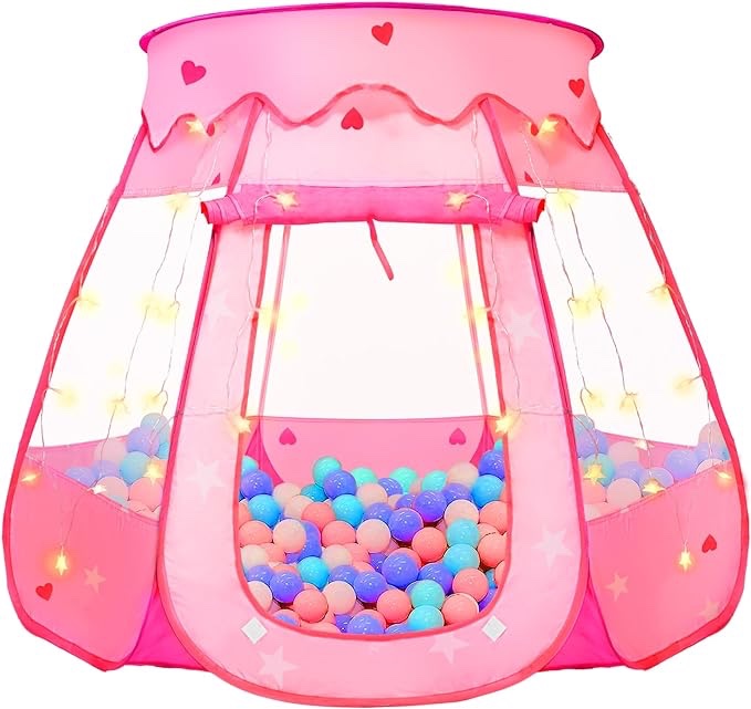 Pop Up Princess Tent with Colorful Star Lights for 1 2 3 Year Old Birthday Gift, 12-18 Months Baby Girl Toys, Foldable Ball Pit with Carrying Bag, Indoor&Outdoor Play Tent for Kids Pink