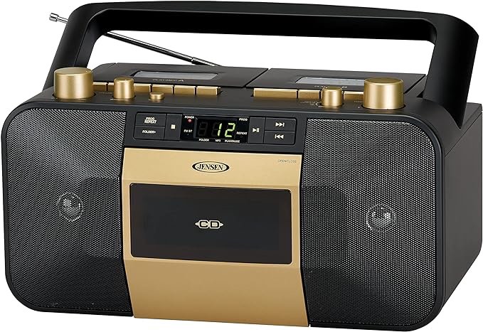 Jensen MCR-1500 Gold Modern Retro Music System Portable CD/MP3 Cassette Player Stereo Boombox, LCD Display, Compact Dual Cassette Deck Recorder, AM/FM Radio, Bass Boost + Aux in & Headphone Jack
