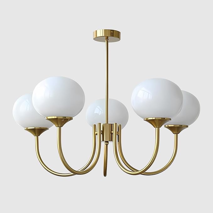 BOKT Modern 5-Light Gold Sputnik Chandelier Light Fixture Mid Century Modern Globe Round Chandeliers Large Milk Glass Pendant Light Brushed Brass Flush Mount Ceiling Light