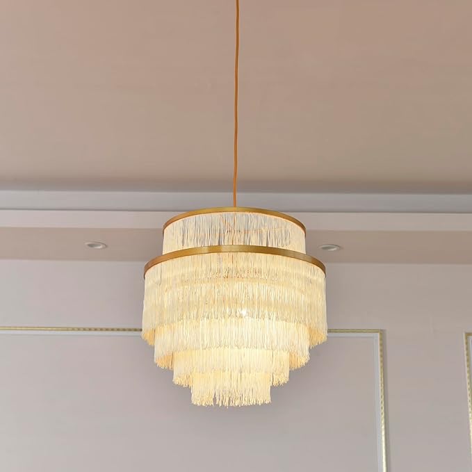 vivihobb 5-Tiered Boho Chandelier with Metal and Fringe,3 Lights Fringe Pendant Light Fixture,Tassle Chandelier for entryway,Dining Room,Baby Nursery,Gold and Light Beige