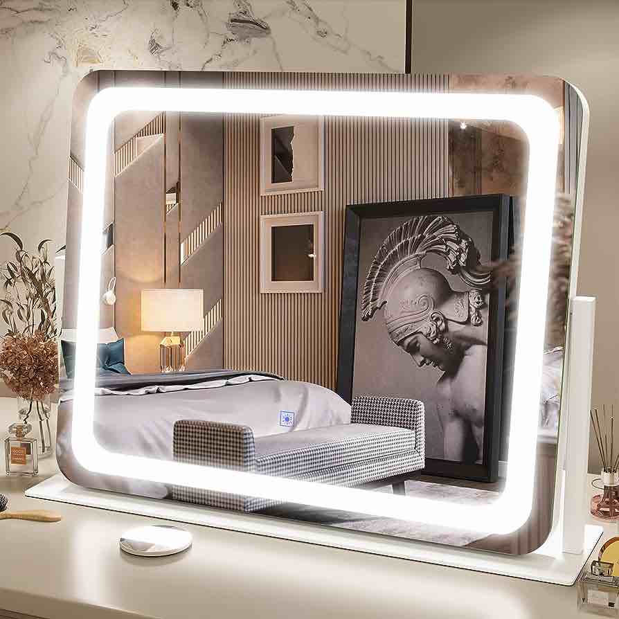 FENNIO Vanity Mirror with Lights 22"x19", LED Lighted Makeup Mirror, Large Makeup Mirror with Lights, Touch Screen with 3-Color Lighting, 5X Magnification, Dimmable, for Vanity Desk Tabletop, Bedroom