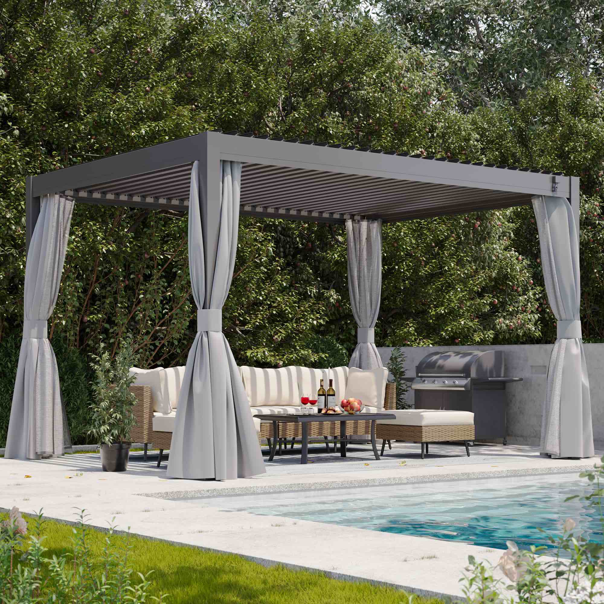 **COMPLETE**LAUSAINT HOME 10'x13' Outdoor All-Aluminum Louvered Pergola Shade with Integrated Gutter & Adjustable Roof, Privacy Curtains Included, Black