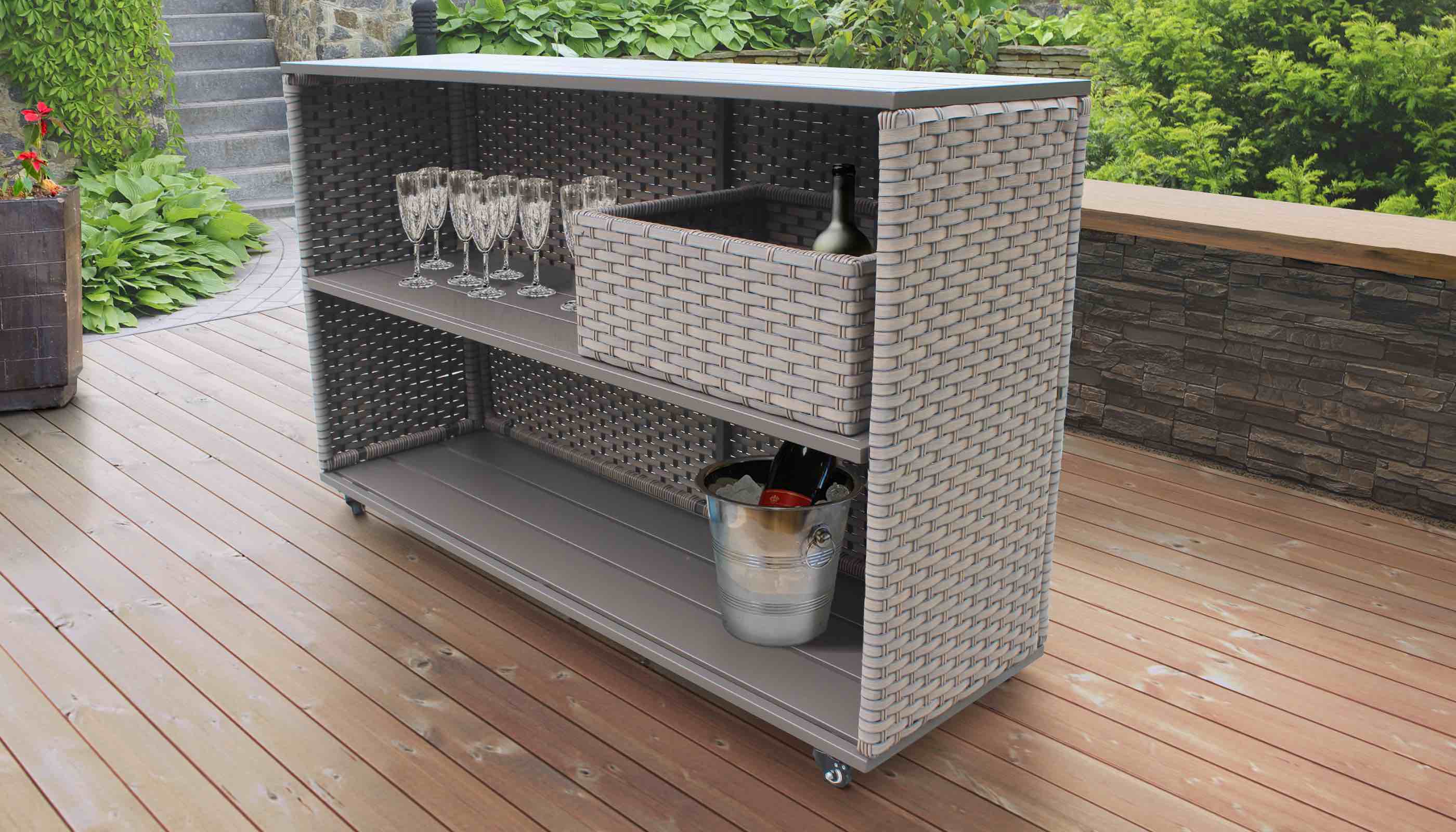 Monterey Bar Cart with Basket Outdoor Wicker Patio Furniture