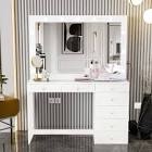 Boahaus Serena Modern Makeup Vanity with Hollywood Light Bulbs Add-On, 7 Drawers, Wide Mirror, Glam Glass Top for Bedroom