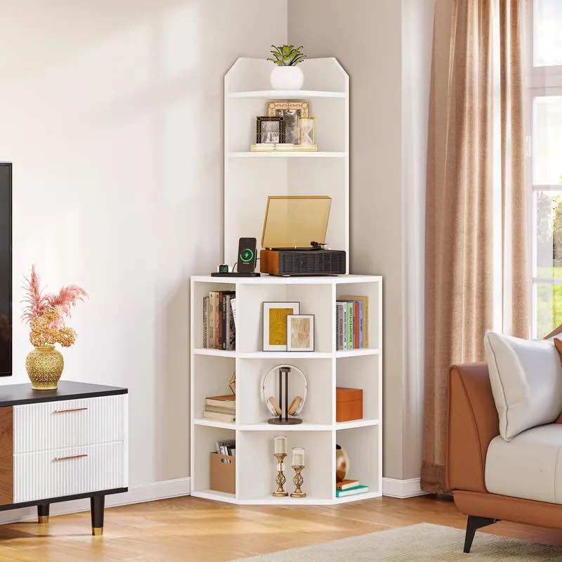 6-Tier Corner Bookshelf Wooden Display Bookcase with Storage Cabinet in White