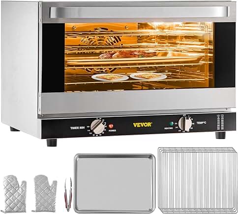  VEVOR Commercial Convection Oven, 47L/43Qt, Half Size Conventional Oven Countertop, 1600W 4-Tier Toaster w/Front Glass Door, Electric Bake Oven w/Trays Wire Racks Clip Gloves, 120V