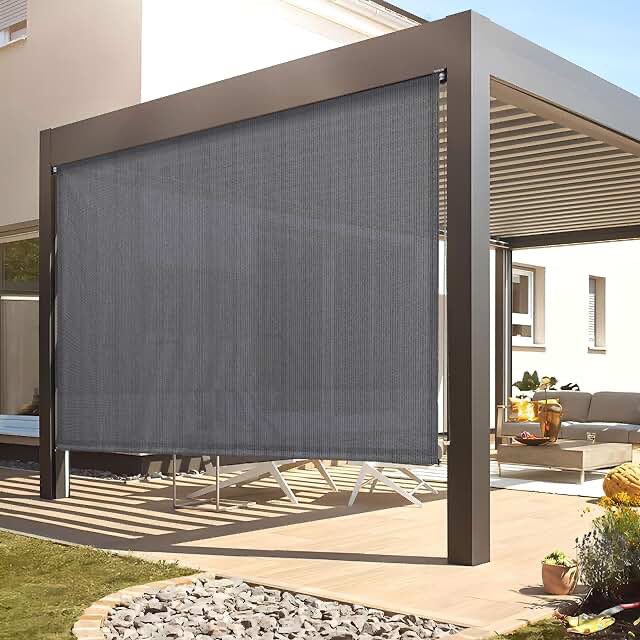 DIFY Outdoor Roller Shade Blinds Cordless Roll Up Shade, Exterior Roller Wand Crank Operation 8. 8FT for Patio Yard Deck Porch, Mocha
