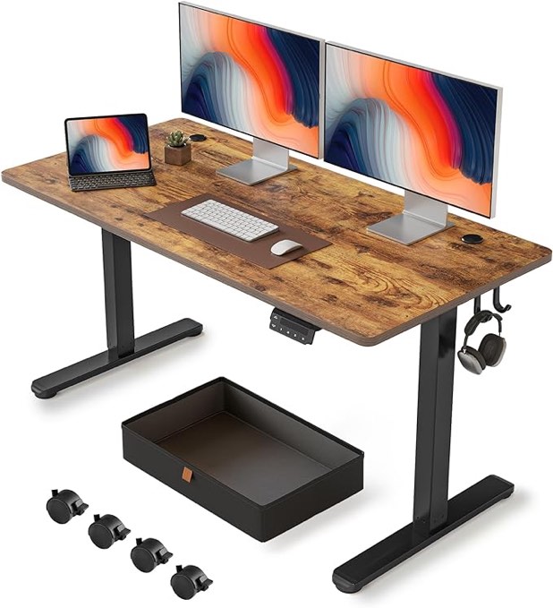 FEZIBO Height Adjustable Electric Standing Desk with 4 Drawers and Keyboard Tray, 55 x 24 Inch Table with Storage Shelf, Sit Stand Desk with Splice Board, LightRustic Brown