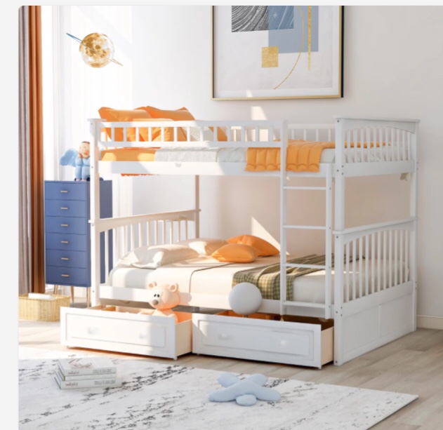 Full over Full Bunk Bed with Drawers Convertible Beds White (Incomplete Box 1/2 )