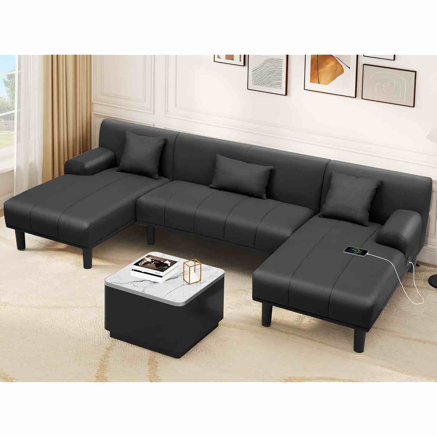 YITAHOME Sectional Couches for Living Room, U Shaped Sofa Faux Leather Modern Modular Couch with USB & Type C Charging Ports Double Chaise and Comfy Upholstered, Dark Grey YITAHOME Sectional Couches for Living Room, U Shaped Sofa Faux Leather Modern Modular Couch with USB & Type C Charging Ports Double Chaise and Comfy Upholstered, Black (Incomplete Box 3/3 )