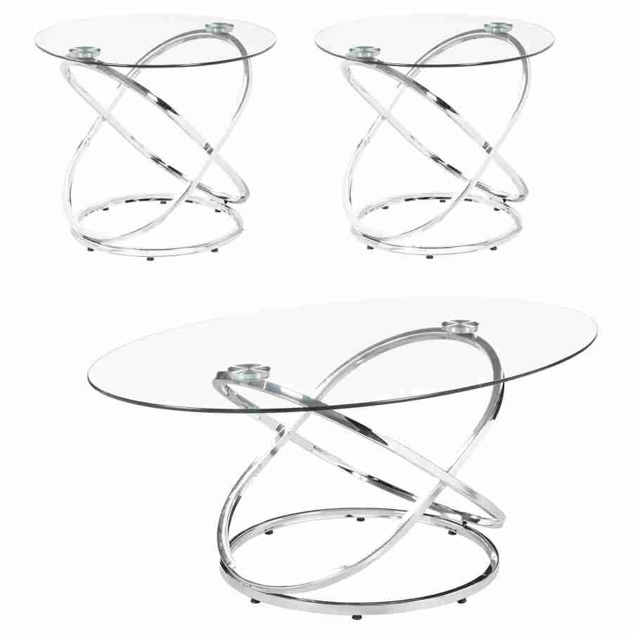 Warren 3-piece Oval Glass Top Coffee Table Set Chrome Chrome ( 3  piece OCASIONAL  SET BASE DE MESA   ) 