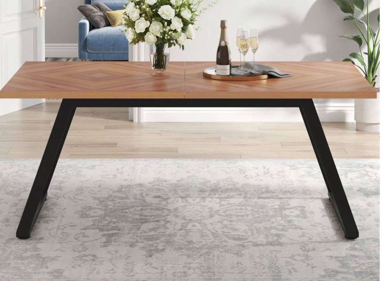 Tribesigns Dining Room Table For 6, Industrial 63" W Walnut Rectangle Wooden Kitchen Table With Steel Legs Metal Frame ( only table ) 