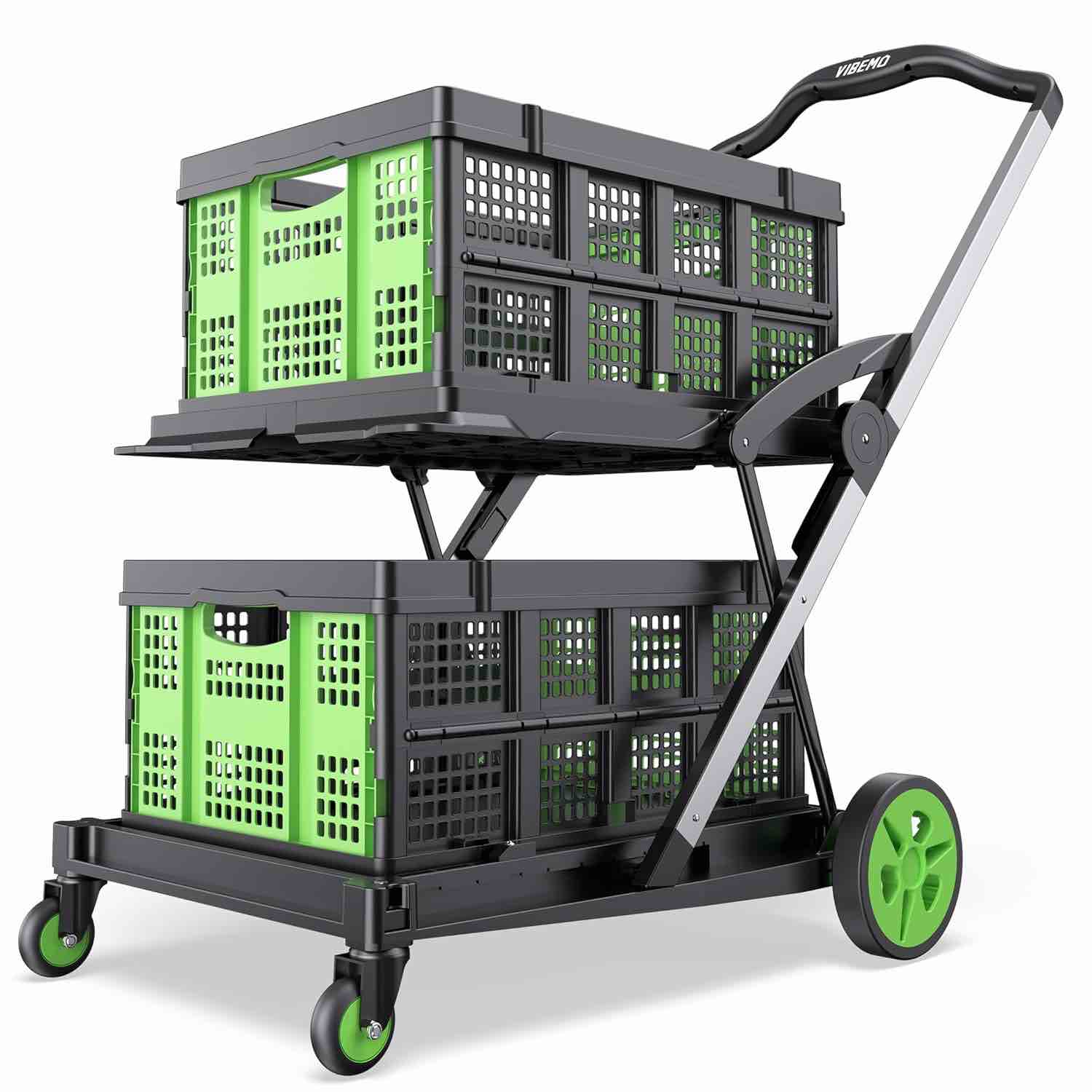 Vibemo Foldable Shopping Cart, 8-in-1 200 lbs Multi Functional Collapsible Carts with 2 Storage Crates, 2-Tier Portable Utility Cart, Adjustable Folding Trolley for Shopping Warehouse Office Outdoor