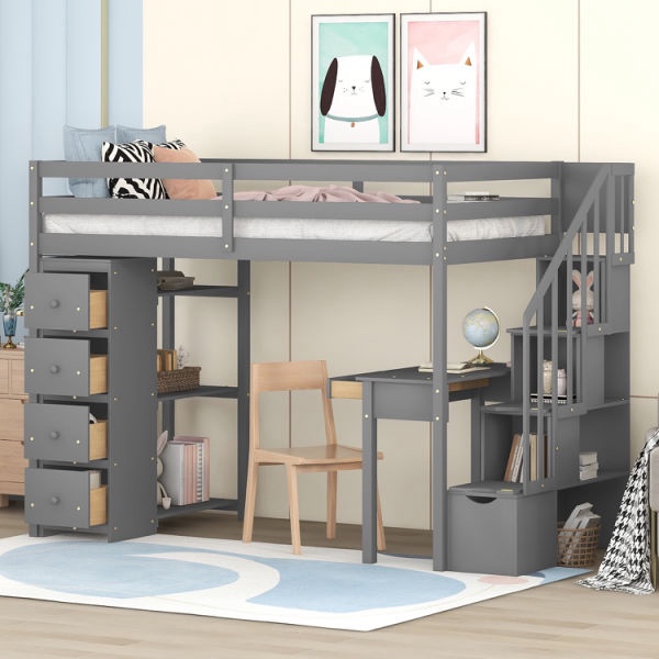 Twin size Loft Bed with Storage Drawers ,Desk and Stairs, Wooden Loft Bed with Shelves( incomplete box 2/3)