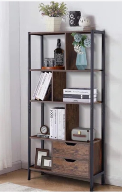 17 Stories 47.64'''' H X 24.80'''' W Steel Geometric Bookcase, 4-Tier Bookshelf With 2 Drawers, Book Shelves Display Shelf For Living Room, Bedroom, Home Office