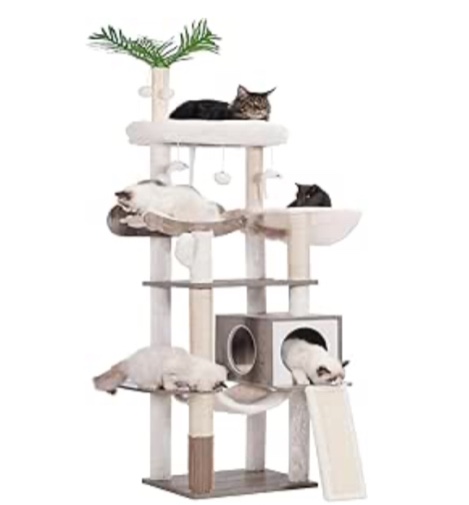 Hebly Wood Cat Tree for Indoor Cats, 61.4 inch Cat Condo for Large Cats with Self Groomer,Modern Cat Scratching Tower with Basket,Hammock,Dangling Ball and Leaves,Rustic Gray HCT120SG