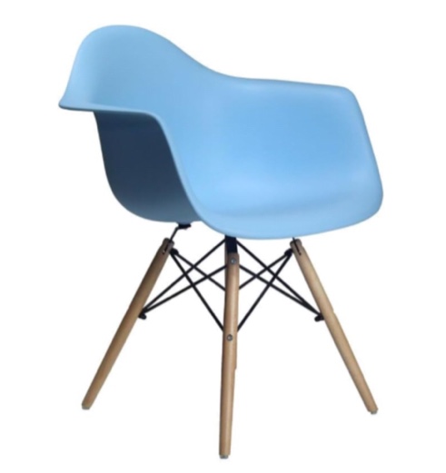 Inmod Molded Plastic Armchair with Wood Legs, Set of 2, Blue Matte Replica Modern Dining Side Chairs from Molded Plastic, Mid Century Modern DSW Molded Shell Lounge Chair, Blue Matte/Natural Wood