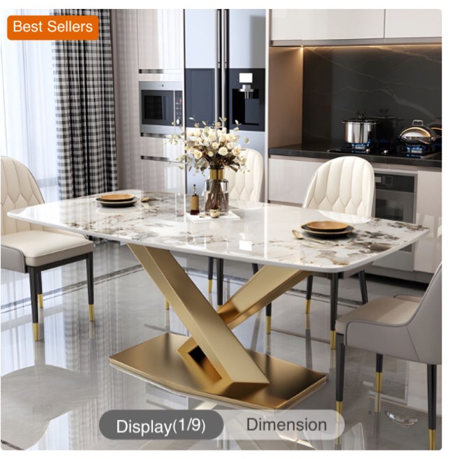 Glamorous White Stone Modern Dining Table with Sleek Steel Pedestal Base - Gold Pandora Gold 51.2"L x 30.7"W x 29.5"H Without Chairs ( incomplete base only)