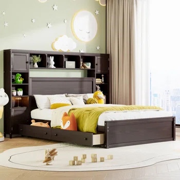 Hubsher Bookcase Platform Storage Bed with Outlets (incomplete box 2 of 3 only)(color may vary ours is espresso)