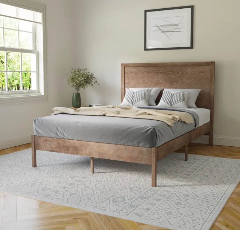 Eymen Modern Solid Wood Platform Bed with Wooden Slats and Headboard