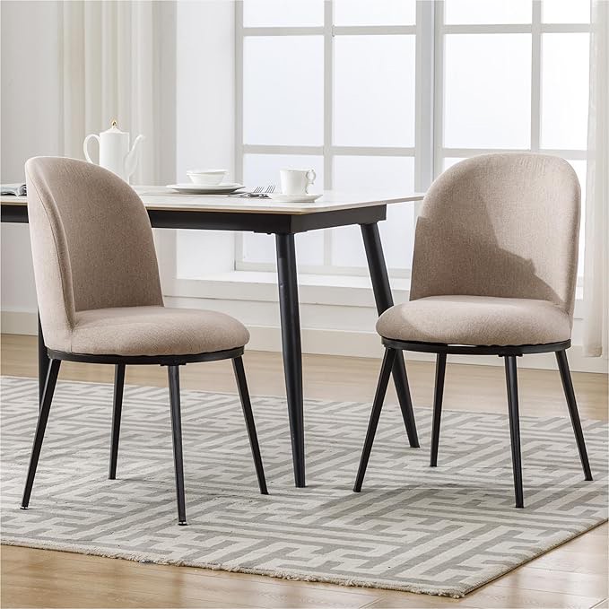 Forevich Fabric Dining Chairs Set of 2, Mid-Century Modern Round Upholstered Dining Room Chair with Metal Legs for Living Room and Kitchen Light Coffee
