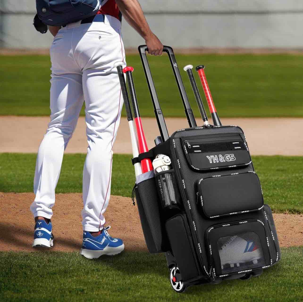YH&GS Roller Baseball Trolley Bag, Sports Trolley Box with Shoe Spacer, Wheeled Softball Bag with Fence Hook