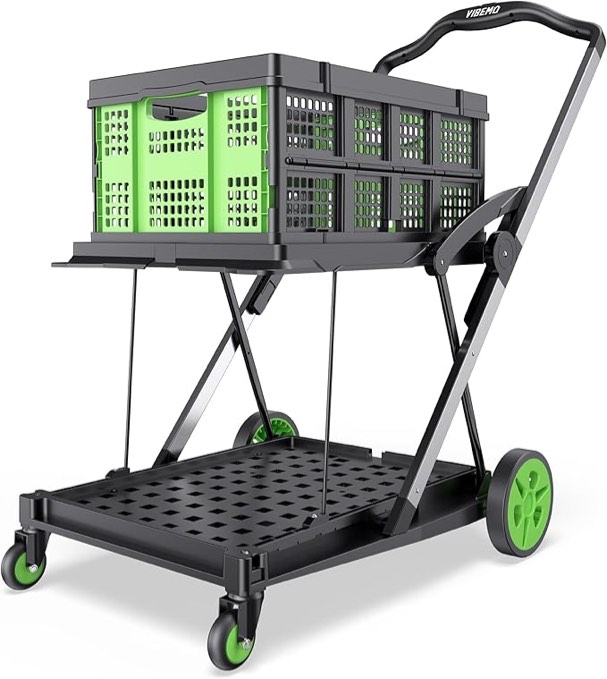 Vibemo Foldable Shopping Cart, 8-in-1 200 lbs Multi Functional Collapsible Carts with 1 Storage Crates, 2-Tier Portable Utility Cart, Adjustable Folding Trolley for Shopping Warehouse Office Outdoor