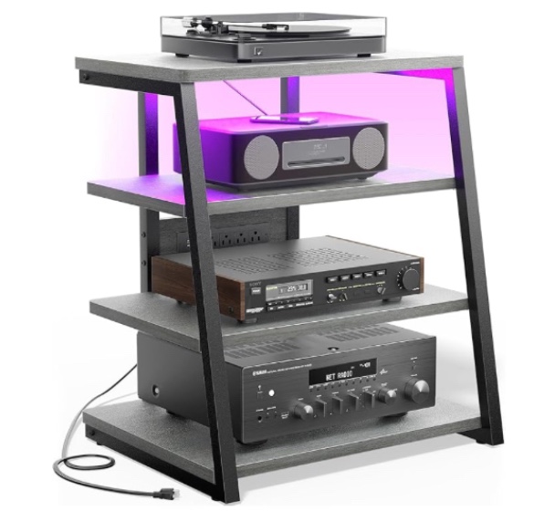 AV Media Stand with Outlets, Media Console with LED Lights, Stereo Racks and Stands with Storage Shelves, Media Audio Tower Cabinet, White Walnut