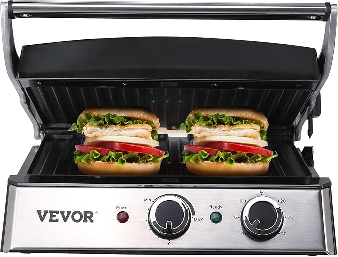 VEVOR Electric Contact Grills, 1500W Indoor Countertop Panini Press, Sandwich Maker with Non Stick,2 Reversible Iron Cooking Plates,0-446? Adjustable Temperature Control,Timer Function,120V