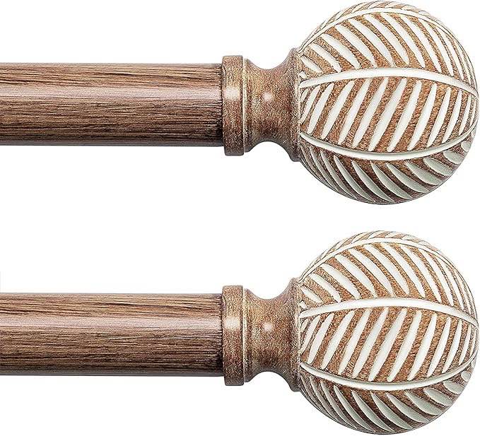 Wood Curtain Rods for Windows: 1 Inch Diameter Adjustable Drapery Rods 28''-48'', Decorative Window Curtain Rods with Imitation Wood Grain Leaf Pattern Finials,2 Pack Heavy Duty Curtain Rods for Bedroom Kitchen Window Office (28''-48'', Brown)