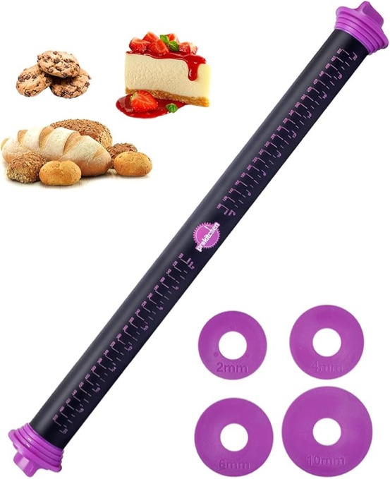 Silicone Rolling Pin with Thickness Rings, Adjustable Silicone Rolling Pin Designs Dough Roller Pins for Fondant, Cookie Decorating, Pasta, Pizza, 23.6 inch Purple Large Long Rolling Pin