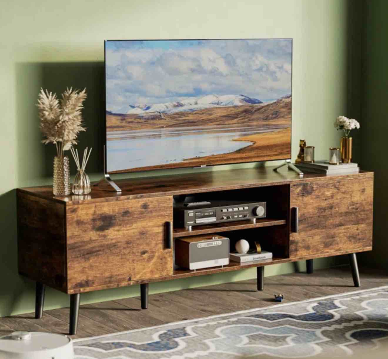 TV Stand for 55 inch TV, Entertainment Center with Adjustable Shelf, Rattan TV Console with 2 Cabinets, Solid Wood Feet, 4 Cord Holes