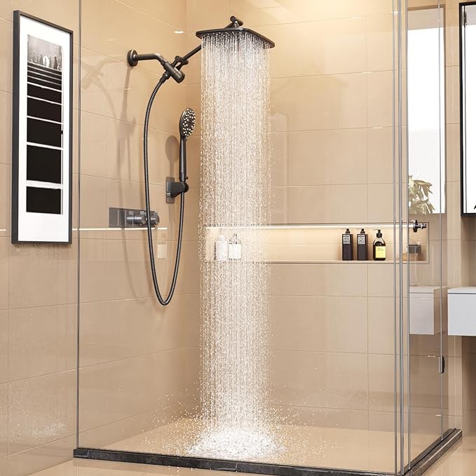 Veken 12 Inch High Pressure Rain Shower Head Combo with Extension Arm- Wide Rainfall Showerhead with 5 Handheld Water Spray - Adjustable Dual Showerhead with Anti-Clog Nozzles - Matte Black