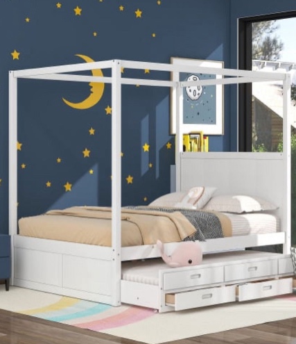 Queen Size Platform Bed, Wood Canopy Platform Bed with Trundle and Storage Drawers, Wood 4-Poster Bed with Headboard for Adults Kids Teens, Space Saving Bed Frame, Bed Frame Bedroom Furniture, White ( incomplete box 2/2)