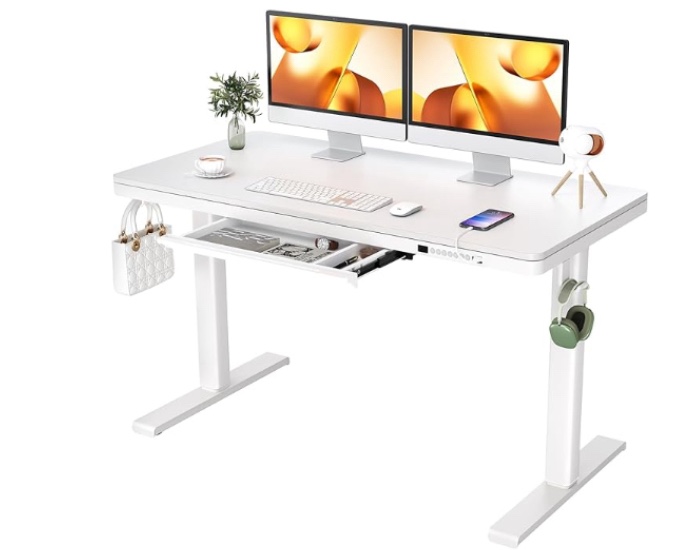 ErGear Dual Motor Electric Standing Desk with Drawers,Whole-Piece Quick Install,Height Adjustable Stand up Sit Stand Home Office Ergonomic Workstation with USB Charging Ports(White)
