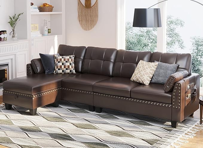 HONBAY Faux Leather Sectional Sofa Couch Reversible L Shaped Couch Sofa 4 Seat Sofa Sectional Couch for Small Apartment (incomplete box 1/2)