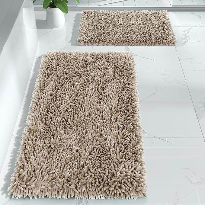 Yimobra Bathroom Rugs Sets 2 Piece, Luxury Shaggy Extra Thick Bathroom Rugs, Plush Non-Slip Mats for Bath Room Floor, U-Shaped Toilet Mat, Ultra Absorbent, 24 x 17 + 24.4 x 20.4 Inches,Camel