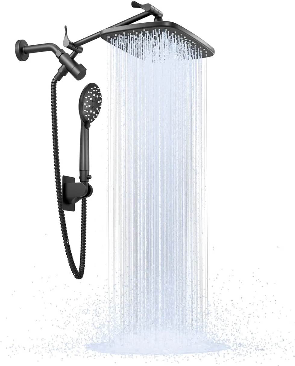 Veken 12 Inch High Pressure Rain Shower Head Combo with Extension Arm- Wide Rainfall Showerhead with 5 Handheld Water Spray - Adjustable Dual Showerhead with Anti-Clog Nozzles - Matte Black