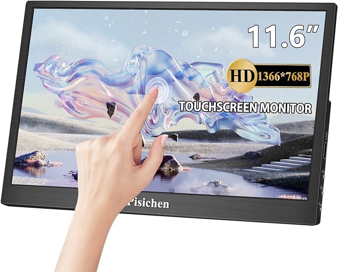 Pisichen Touchscreen Portable Monitor, 11.6 Inch HD 1366X768 USB C Monitor IPS Screen, HDMI USB Type C Small Touchscreen Monitor for Laptop PC Phone 11.6"
