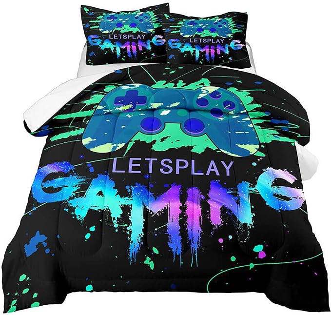 kodhyvj Game Comforter Set Fluffy Video Gaming Bedding Sets Gamer Room Decor Twin Size Colorful Black Gamepad Soft Game Bedding Set for Boys Teen 1 Comforter and 1 Pillowcase