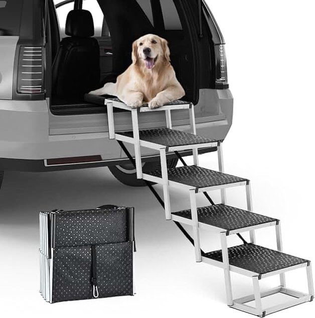 Dog Car Stairs for Large Dogs, Foldable 4 Steps Dog Ramp for Car Suv Truck High Bed Couch, Aluminum Dog Stairs Support 150lbs, 17inch Wide 25inch Tall Pet Dog Ramp Stairs