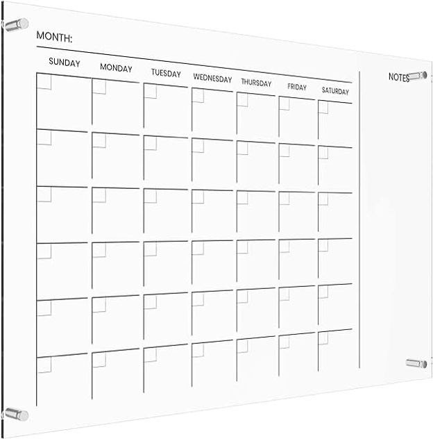 WRITEBOARD Acrylic Calendar for Wall | Large Clear 24"x16" Dry Erase Calendar for Wall Mounting | Clear Reusable Home Office Large Monthly Calendar (Black)