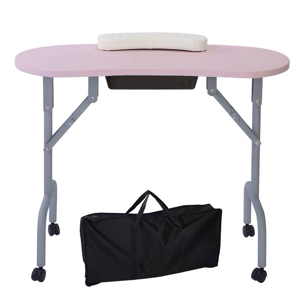 AGESISI Portable Manicure Table Foldable Nail Desk with Charging Station & Dust Collector Professional Nail Tech Table for Technician Spa Salon Workstation, Wrist Pad 4 Lockable Wheels, 36-inch, Pink