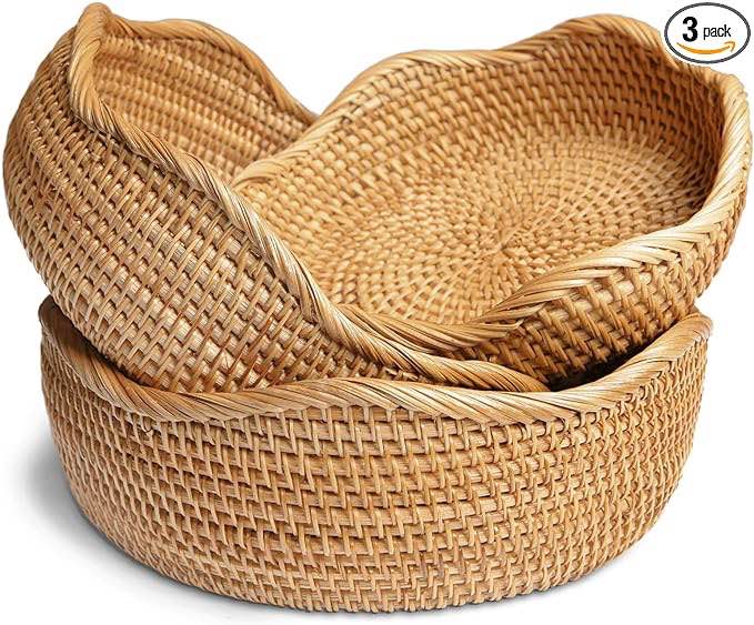 Rattan Round Fruit Baskets, Wicker Storage Bowls, Natural Woven Serving Basket Bowls, Decorative Baskets for Kitchen Counter Organizing, set of 3