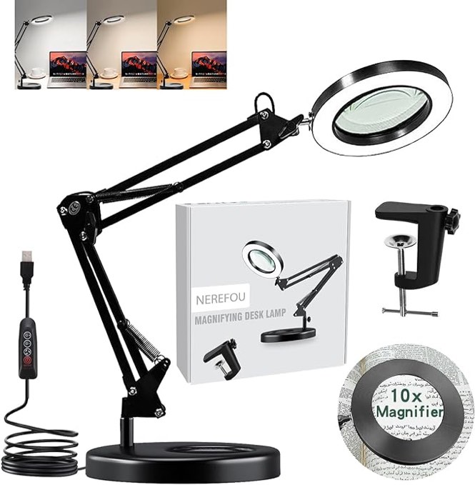 10X Magnifying Glass with Light and Stand, Drdefi 2-in-1 LED Lighted Magnifier, 3 Color Modes Stepless Dimmable, Hands Free Magnifying Desk Lamp with Clamp for Repairing Reading Craft Hobby