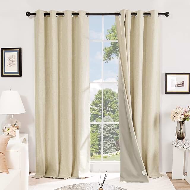 Deconovo Total Blackout Curtains, Grommet Faux Linen Curtain Panels, Room Darkening Energy Saving Drapes for Nursery Room, 52x96 Inch, Set of 2, Flaxen