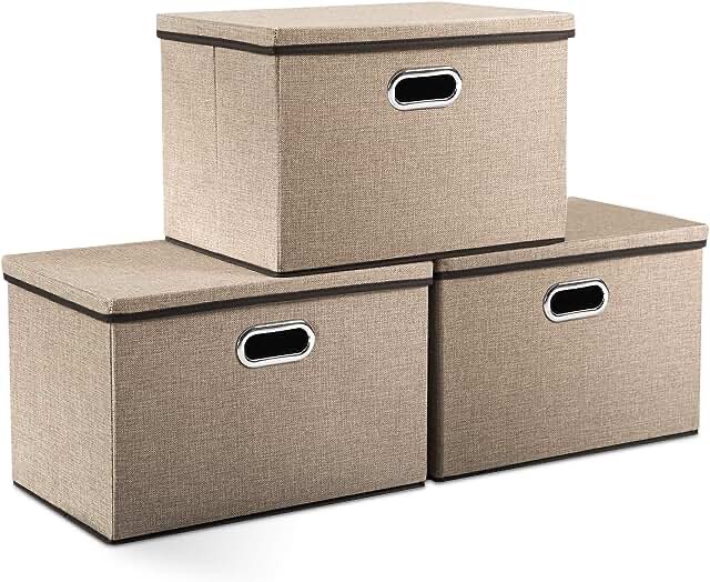 PRANDOM Large Collapsible Storage Bins with Lids [3-Pack] Jute Fabric Foldable Storage Boxes Organizer Containers Baskets Cube with Cover for Home Bedroom Closet Office Nursery (17.7x11.8x11.8)