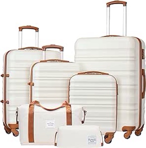 LONG VACATION Luggage Set 4 Piece Luggage Set ABS hardshell TSA Lock Spinner Wheels Luggage Carry on Suitcase (WHITE, 6 piece set)