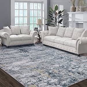 Area Rug Living Room Rugs: 8x10 Indoor Abstract Soft Fluffy Pile Large Carpet with Low Shaggy for Bedroom Dining Room Home Office Decor Under Kitchen Table Washable - Gray/Blue 8x10ft Gray/Blue