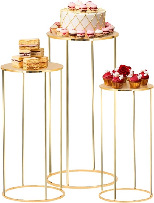 HLTBWHHOME Shiny Gold Metal Plant Stand, 3 Pcs Round Tall Cylinder Pedestal Stand for Parties and Wedding Living Room Decoration